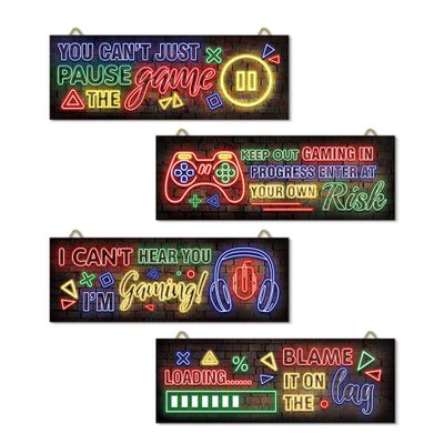 Gaming Room Decor, 4-Piece Wooden Wall Art Set with Neon Cartoon Designs
