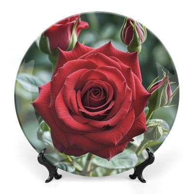 STVNKML Ceramic Decorative Plate with Red Rose, Personalized, Bone China, Removable Stand, Wall Mount or Table Décor, 20.3 cm