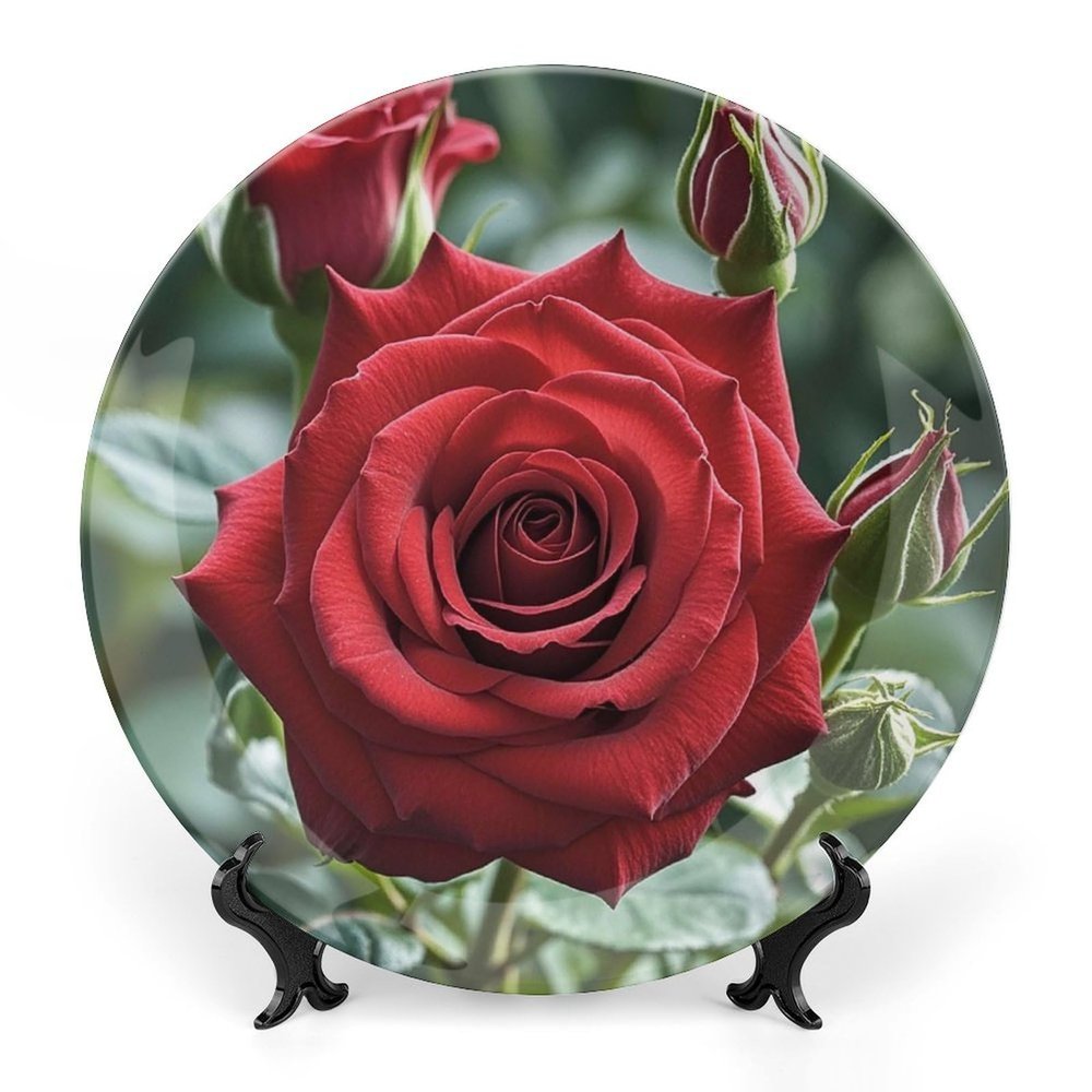 STVNKML Ceramic Decorative Plate with Red Rose, Personalized, Bone China, Removable Stand, Wall Mount or Table Décor, 20.3 cm