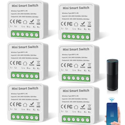 GAOUTO 6-Pack Smart Light Switch Modules, Mini DIY 2-Way Wi-Fi Switch, Alexa & Google Assistant Compatible, Neutral Wire Required
