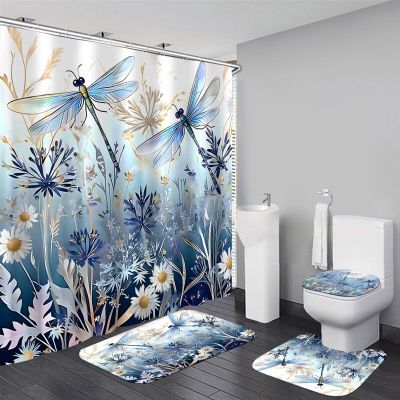 DDQQ Blue Floral and Dragonfly Shower Curtain Set with Bathroom Mats, 4-Piece