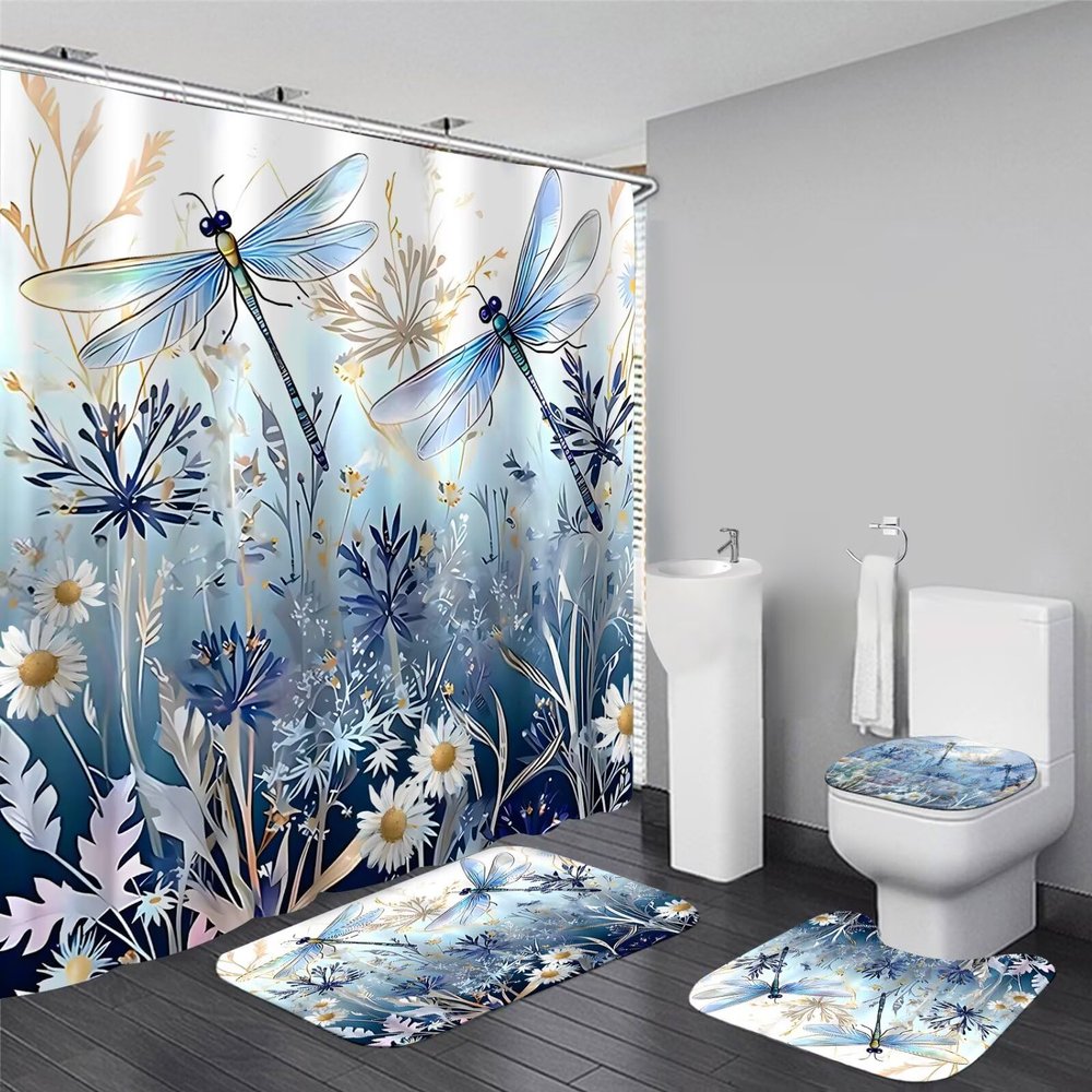 DDQQ Blue Floral and Dragonfly Shower Curtain Set with Bathroom Mats, 4-Piece