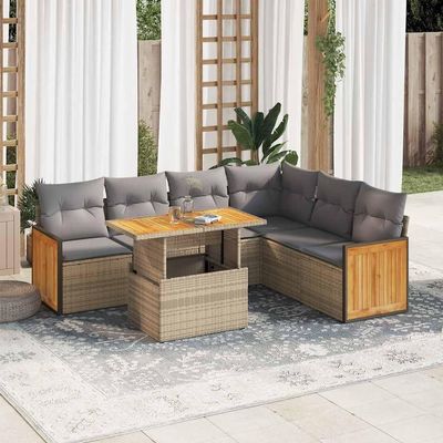 qohoio 7-Piece Garden Sofa Set with Cushions, Beige Poly Rattan and Acacia