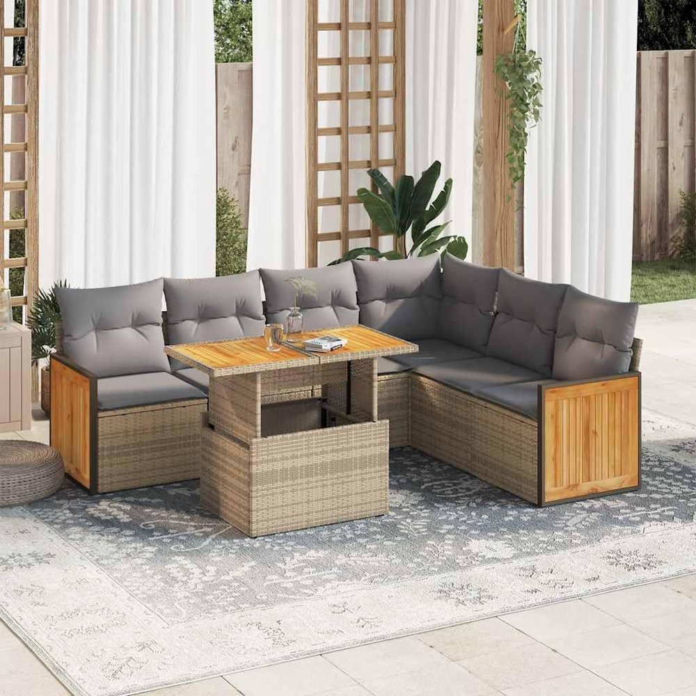 qohoio 7-Piece Garden Sofa Set with Cushions, Beige Poly Rattan and Acacia