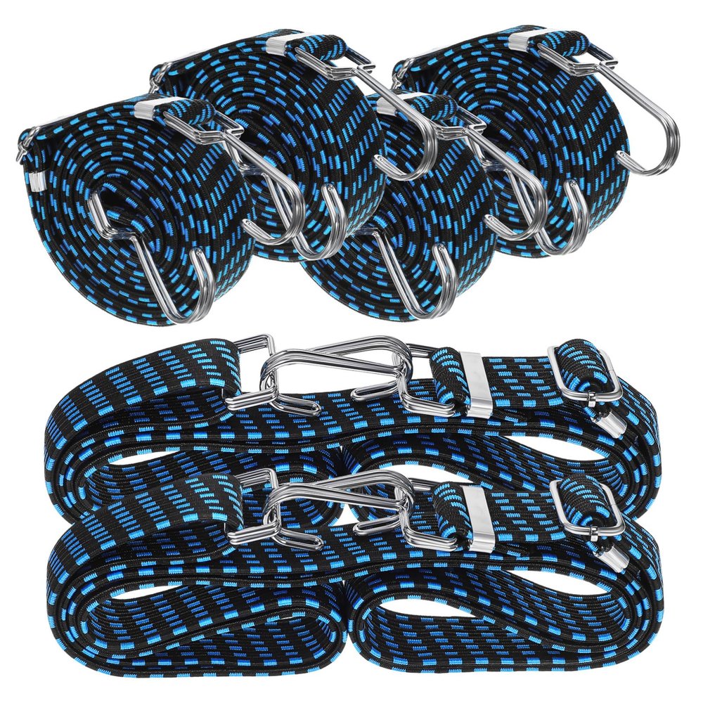 6 Blue Bungee Cords with Hooks and Metal Buckles
