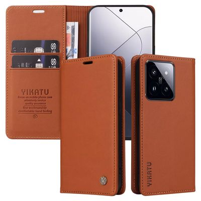 SLWYF Wallet Case for Xiaomi 14 Pro, Premium PU Leather Flip Cover with Magnetic Closure, Card Slots and Stand Function, Brown