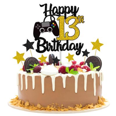 Joyeah “Happy 13th Birthday” Cake Topper, Gold Glitter Video Game Theme