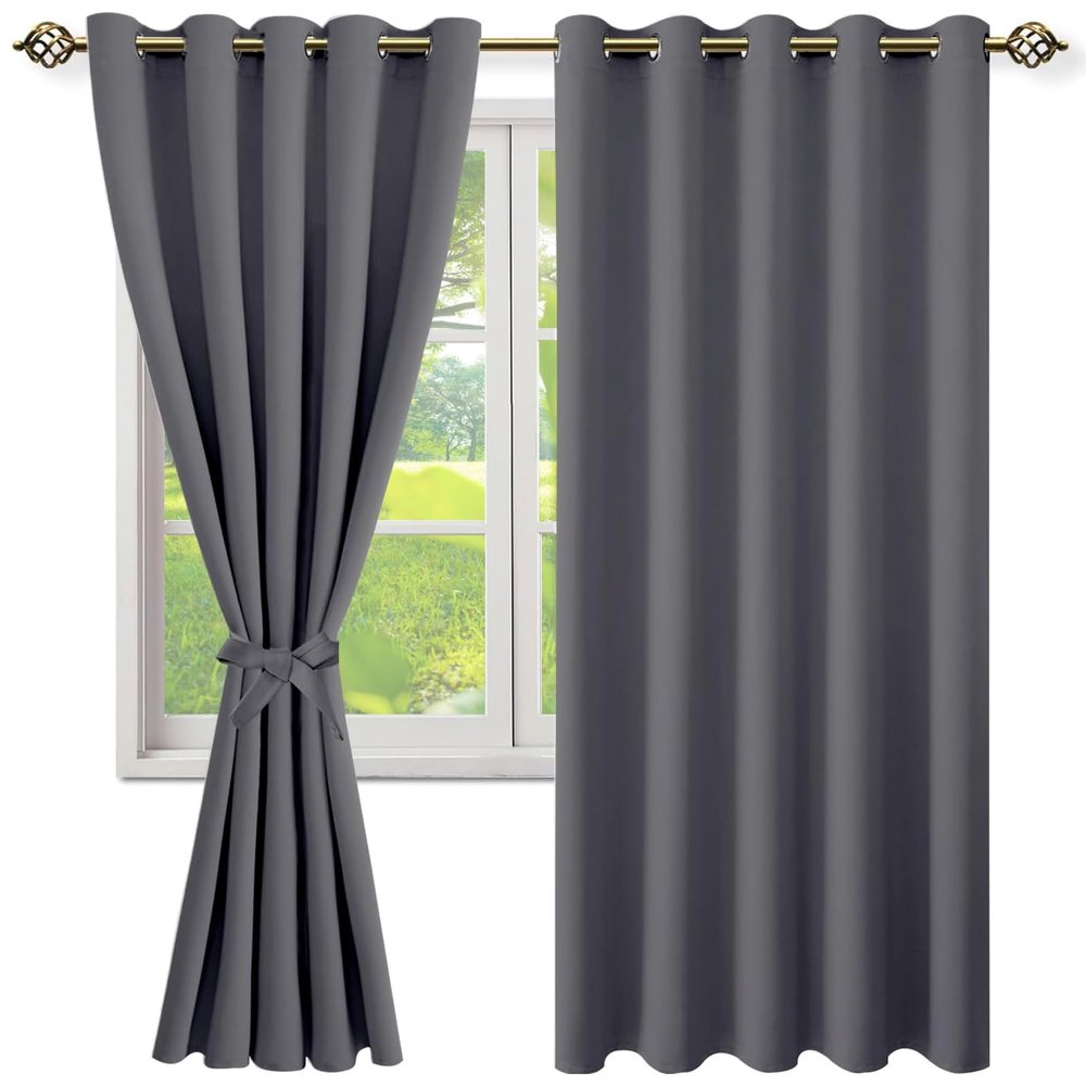 NINGBAI Blackout Curtains 140 x 220 cm, Thermal Insulated, Modern Solid Dark Gray