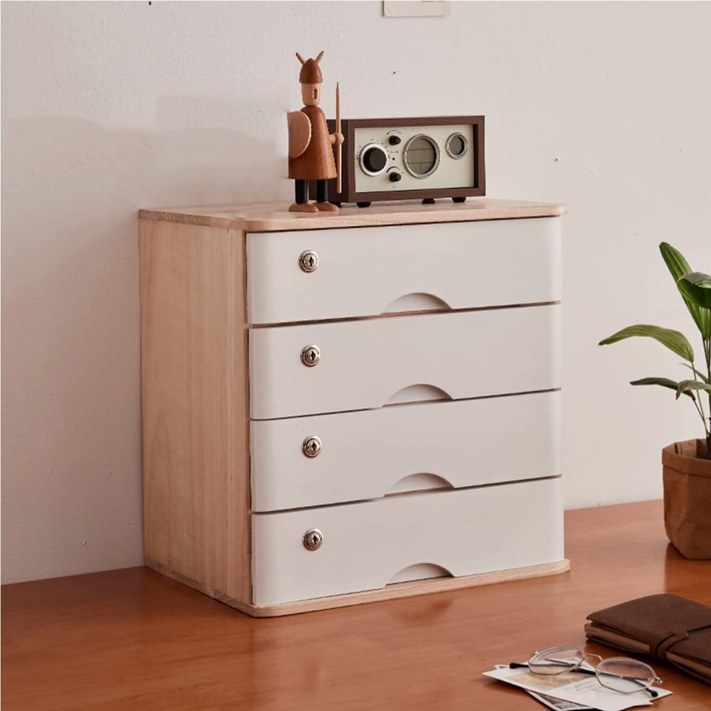 Wooden Desktop Storage Box with Lockable Drawers, Office Organizer and Filing Cabinet for A4 Documents