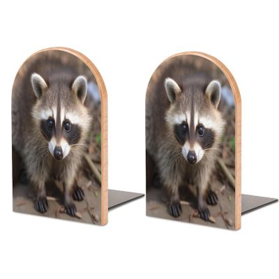 Personalized Wooden Bookends with Metal Base, Raccoon Print, Modern and Sturdy, for Home or Office, 1 Pair