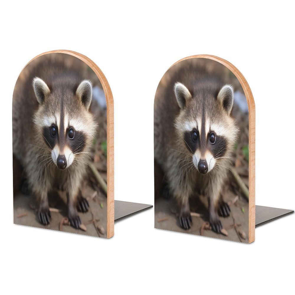 Personalized Wooden Bookends with Metal Base, Raccoon Print, Modern and Sturdy, for Home or Office, 1 Pair