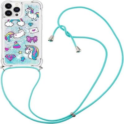 TQmchun iPhone 14 Pro Max Case with Strap, Transparent Glitter TPU Cover