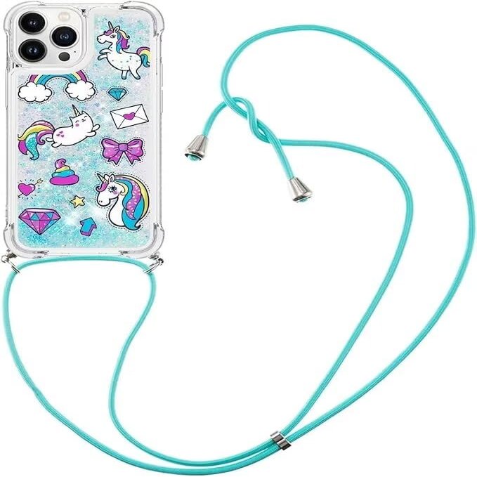 TQmchun iPhone 14 Pro Max Case with Strap, Transparent Glitter TPU Cover