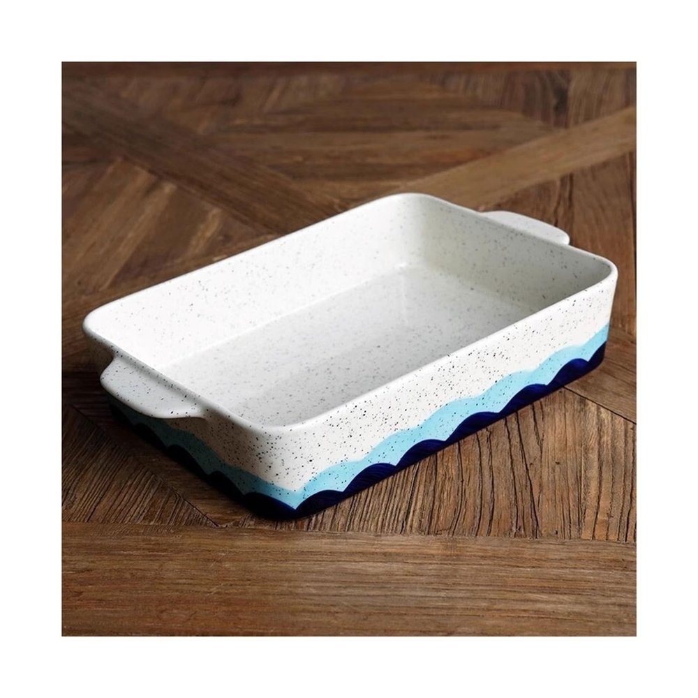 Scratch-Resistant Ceramic Porcelain Baking Dish with Blue Wave Pattern