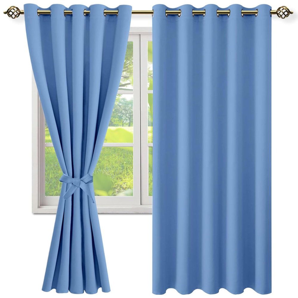 NINGBAI Blackout Curtains with Grommets, 140 x 260 cm, Solid Blue