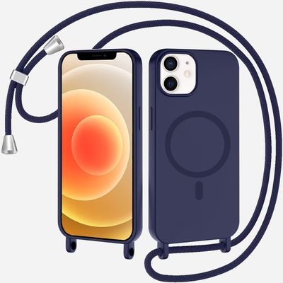SLWYF Magnetic Phone Lanyard Case for iPhone 12 Mini, MagSafe-Compatible Silicone Case with Detachable Strap, Dark Blue