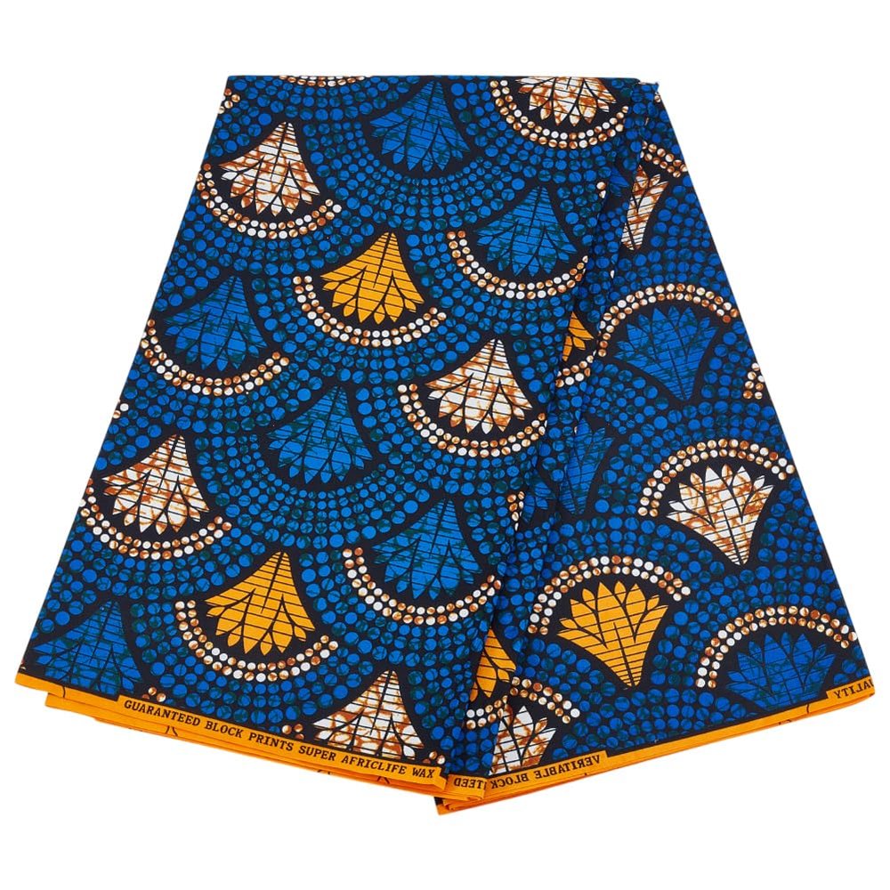 MAYJOYDIY 5.9 m Blue African Ankara Wax Print Fabric, 1.1 m Wide, Fan Pattern