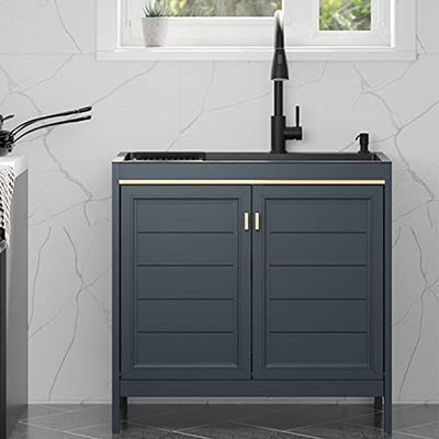 Freestanding Single-Bowl Kitchen Sink Cabinet with Pull-Out Faucet