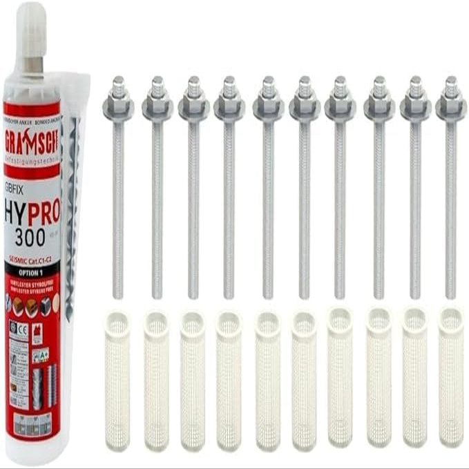 Heavy-Duty Approved Fastening Set: 10 × 10 × 165 mm A4 Anchor Rods + 1 Liquix Pro 1 + 10 × 16 × 85 mm Sieve Sleeves, M6–M16 Installation Sets (A4 Stainless Steel, M10 × 165 mm)