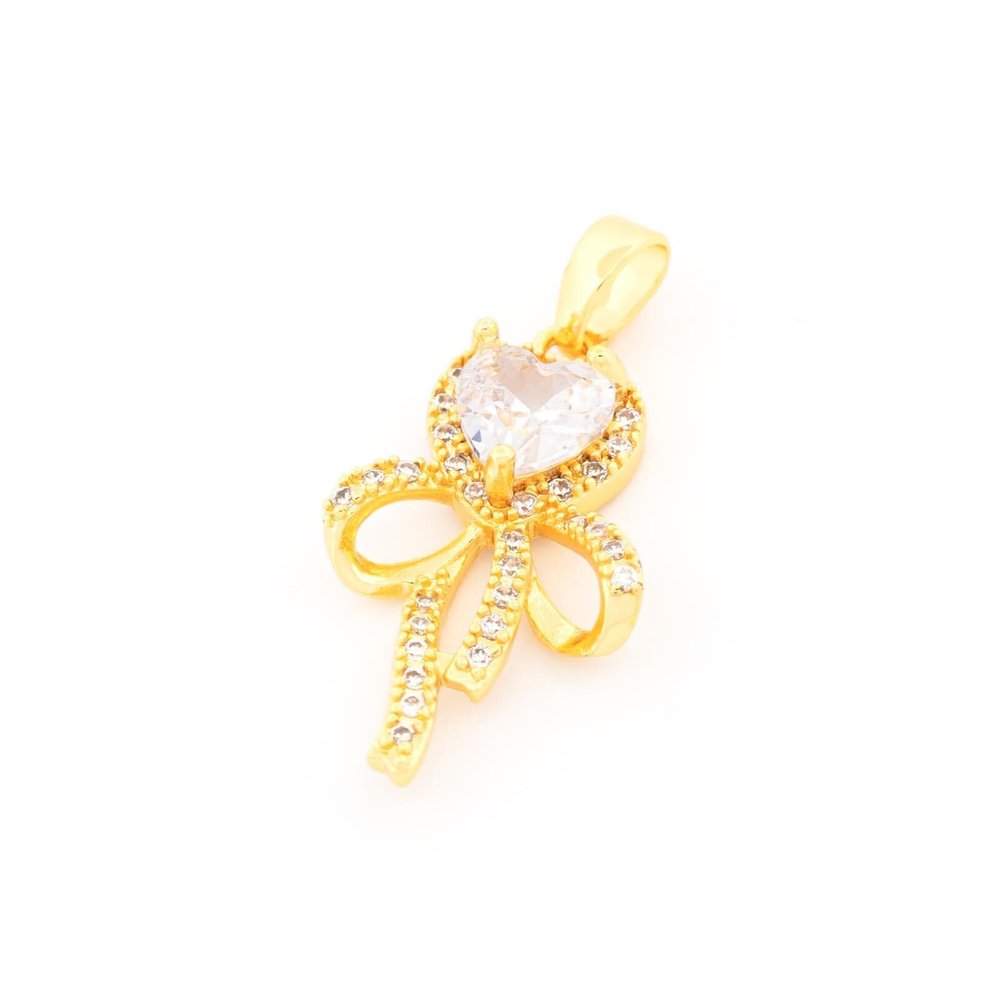 Vintageparts Bow Pendant with Cubic Zirconia Heart, 18K Gold-Tone PVD Coated