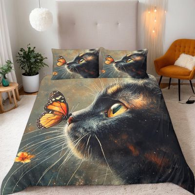 3-Piece 3D Cat Butterfly Microfiber Bedding Set, 220 x 240 cm