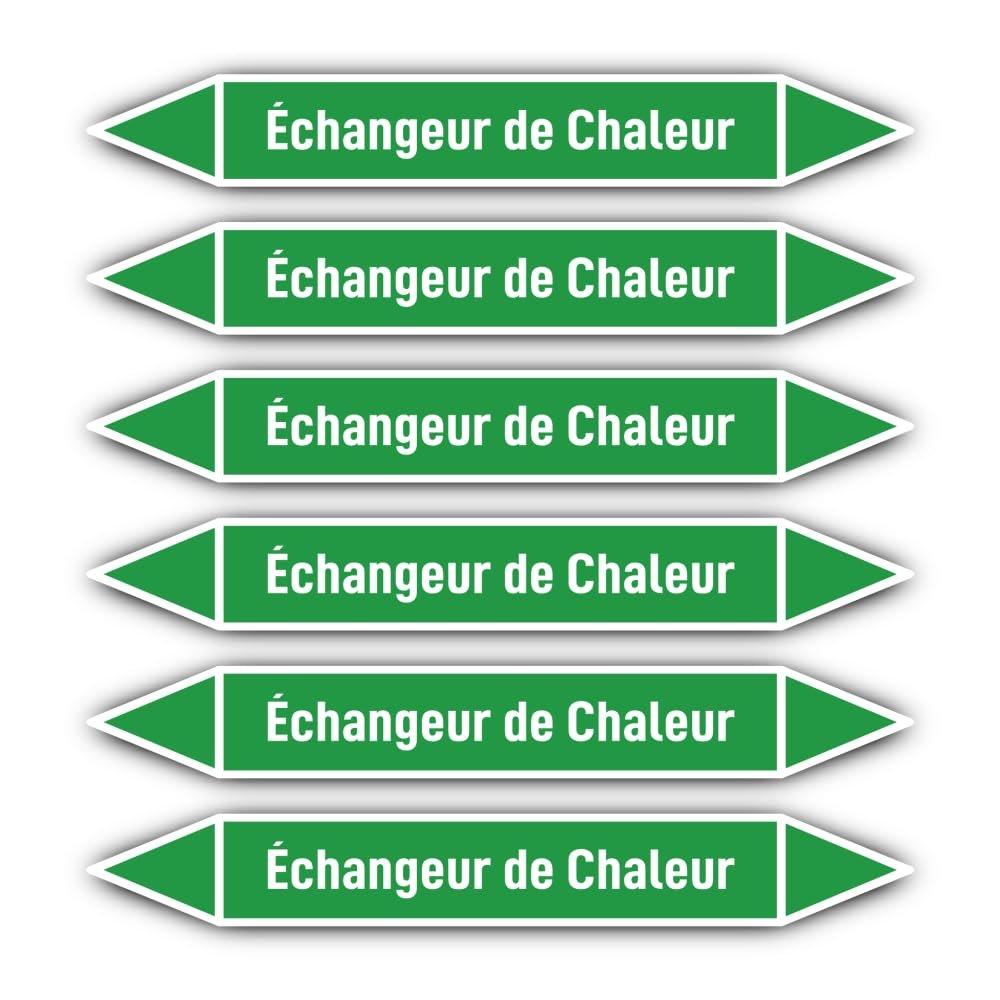 Stickers: 200 x 30 mm, 6 pcs. – Group 1 – Water – Pipe Identification – DIN 2403 – French – Heat Exchanger
