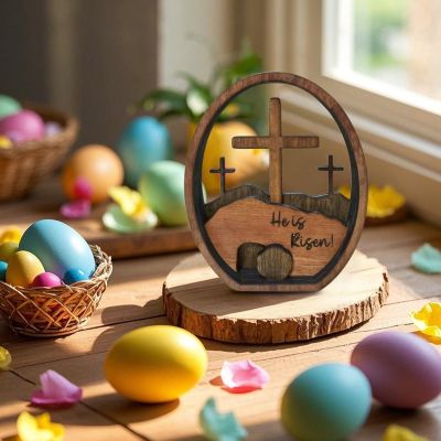 Easter Wooden Ornaments, He Is Risen Empty Tomb Scene