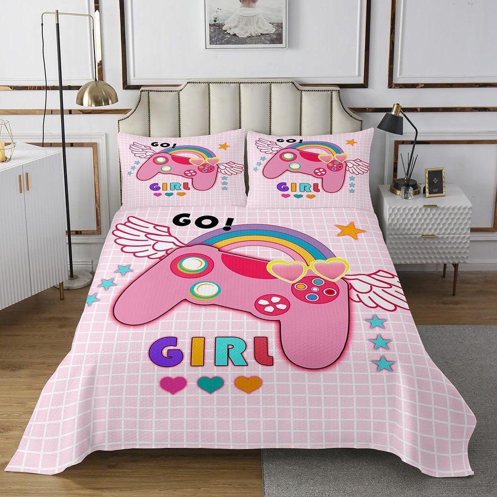 Manfei Girl Gamepad Bedspread, Large, Video Game Bedding Set, Kawaii Rainbow Wings Gaming Board Quilt Coverlet