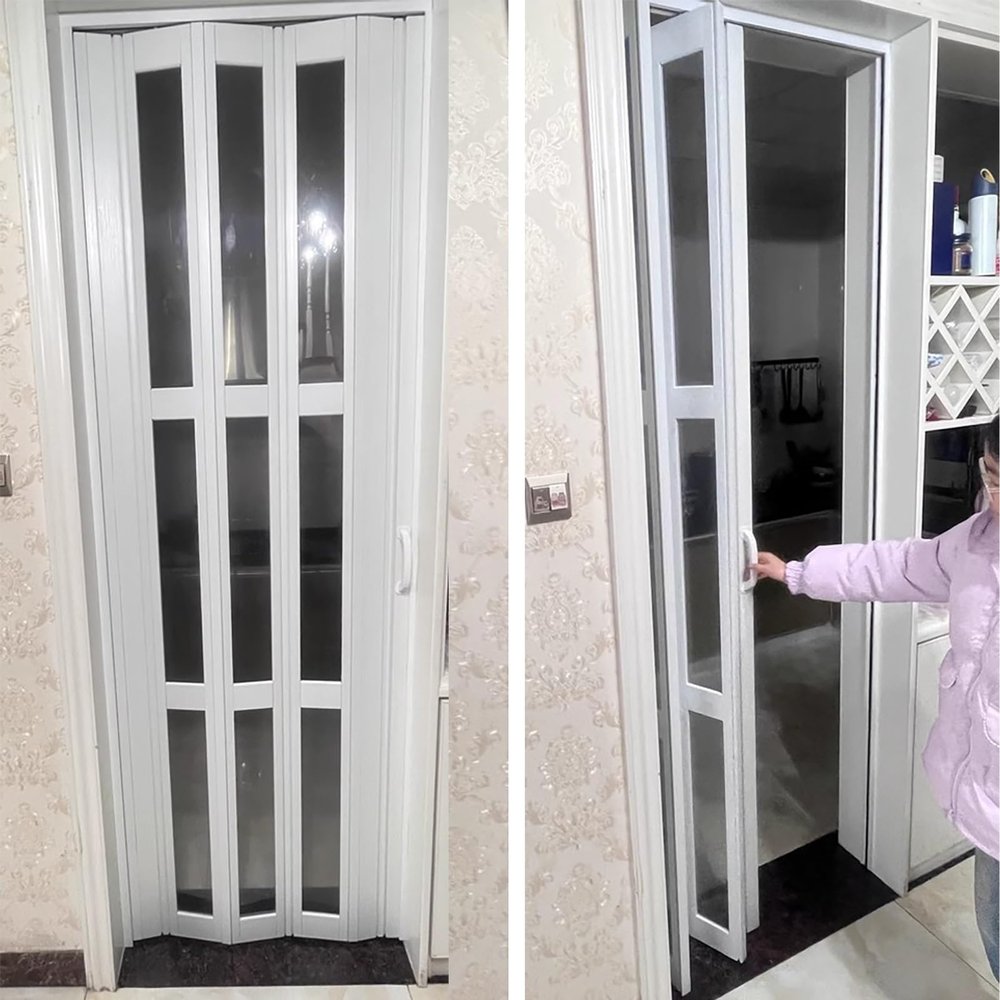Jievmrs White Accordion-Style Folding Interior Door with Acrylic Glass, Waterproof Room Divider/Privacy Screen (30 x 80 in / 76 x 203 cm)