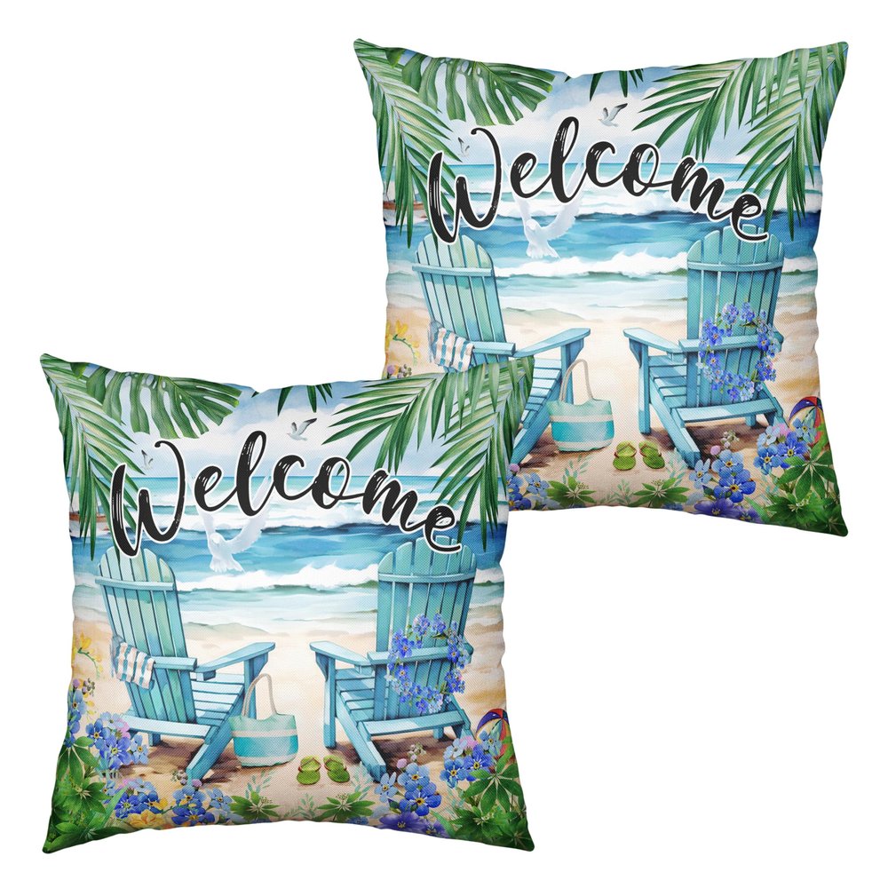 Kwlegh Summer Beach Pillow Covers, 18 x 18 in, 2-Pack, Coastal Palm Design, Outdoor Nautical Cotton-Linen Covers