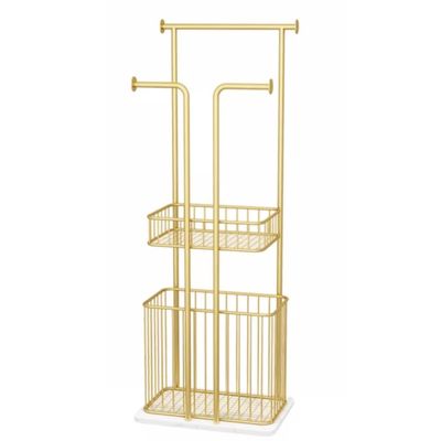 Freestanding Towel Rack with Laundry Basket and Marble Base, Gold-Tone Metal