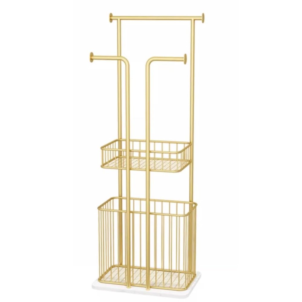 Freestanding Towel Rack with Laundry Basket and Marble Base, Gold-Tone Metal