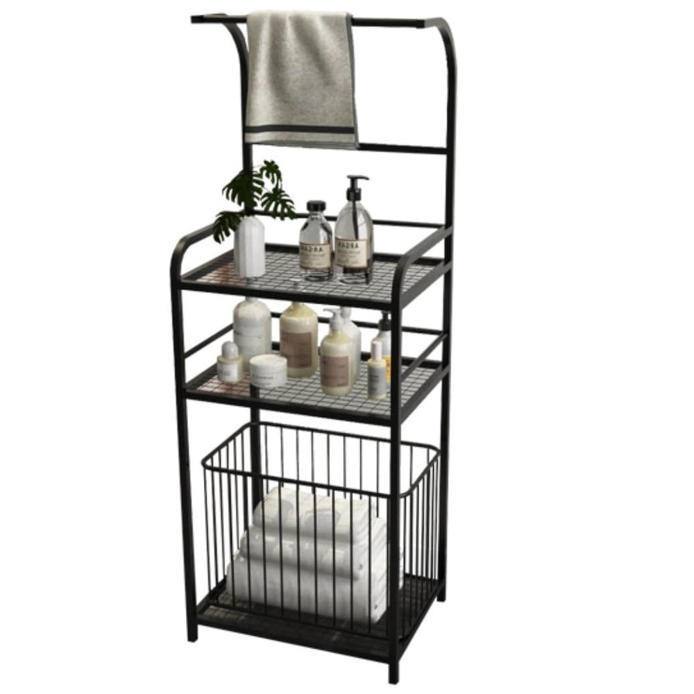 Freestanding Black Metal Towel Rack with 2-Tier Shelf and Laundry Basket Base