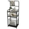 Freestanding Black Metal Towel Rack with 2-Tier Shelf and Laundry Basket Base view 1