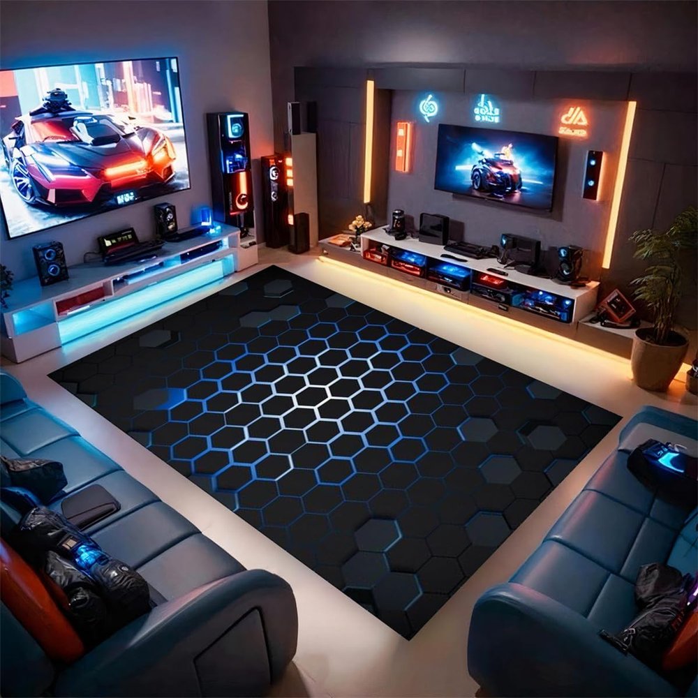 PEIHUODAN 3D Gaming Room Rug for Boys | Flannel Kids' Rug with Neon Gaming Design | Non-Slip Gamer Room Decor Floor Mat (White, 100 x 120 cm)