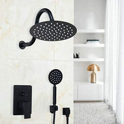 CAQSHN 8-Inch Black Round Ceiling-Mount Rain Shower Set with 2-Function Hand Shower