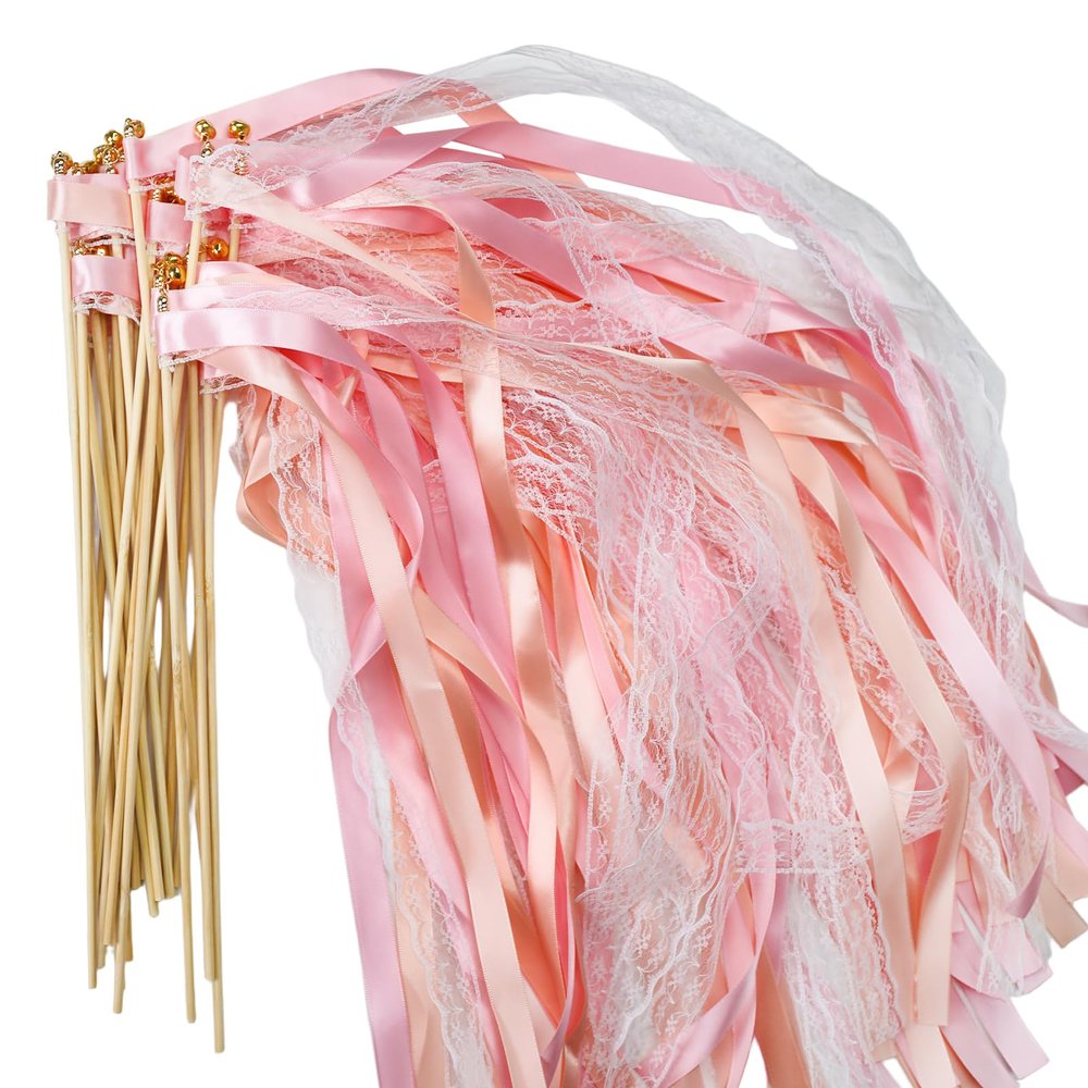 30 Wedding Wands with Bells, Pink Ribbon Streamers, 30 Pieces
