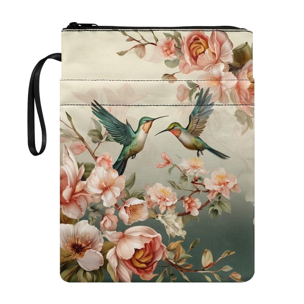 Portable Book Sleeve with Pocket, Hummingbird Floral Pattern