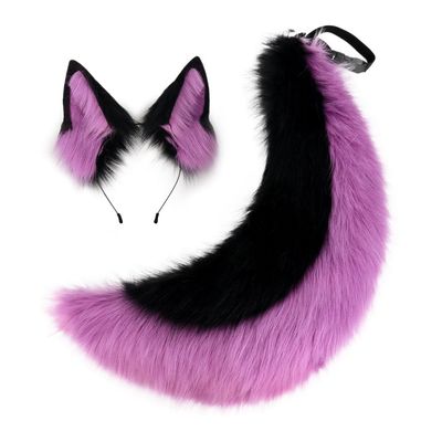 QinRuan Faux Fur Wolf Ear Headband, Furry, for Halloween and Parties, Purple-Black
