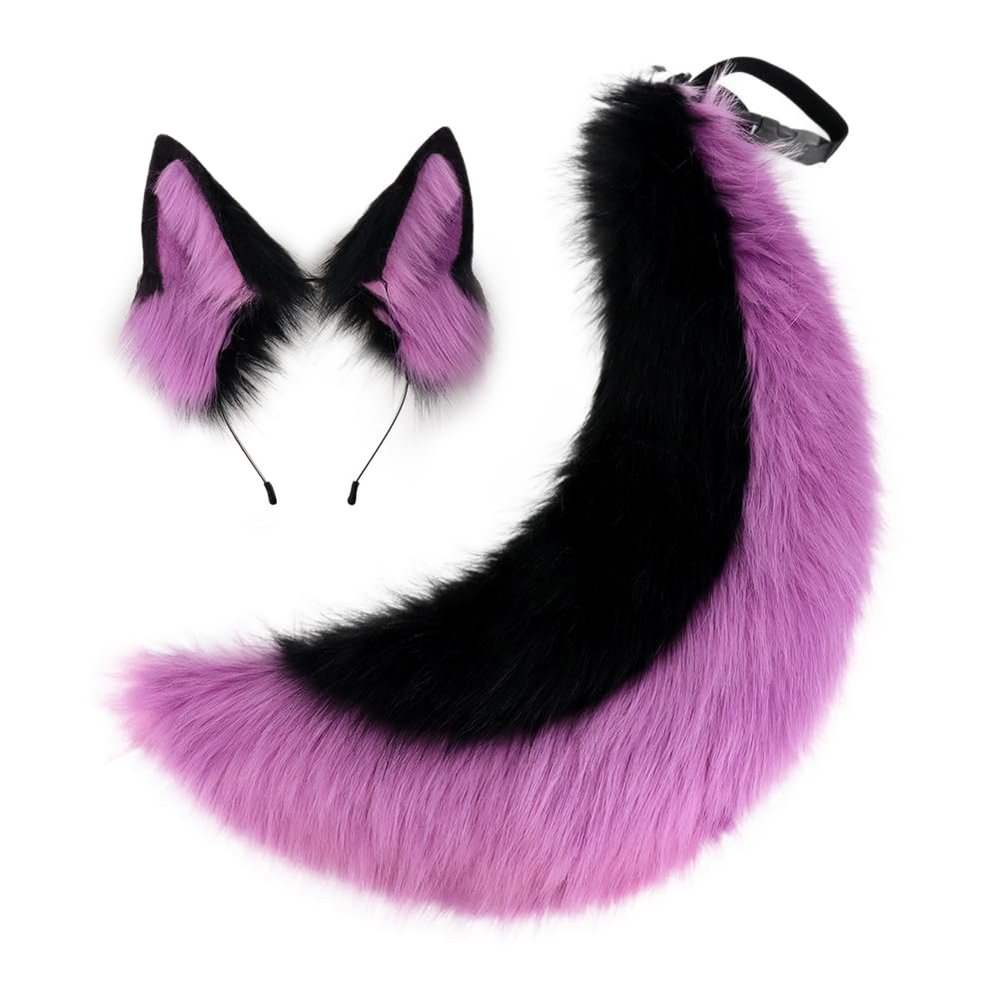 QinRuan Faux Fur Wolf Ear Headband, Furry, for Halloween and Parties, Purple-Black