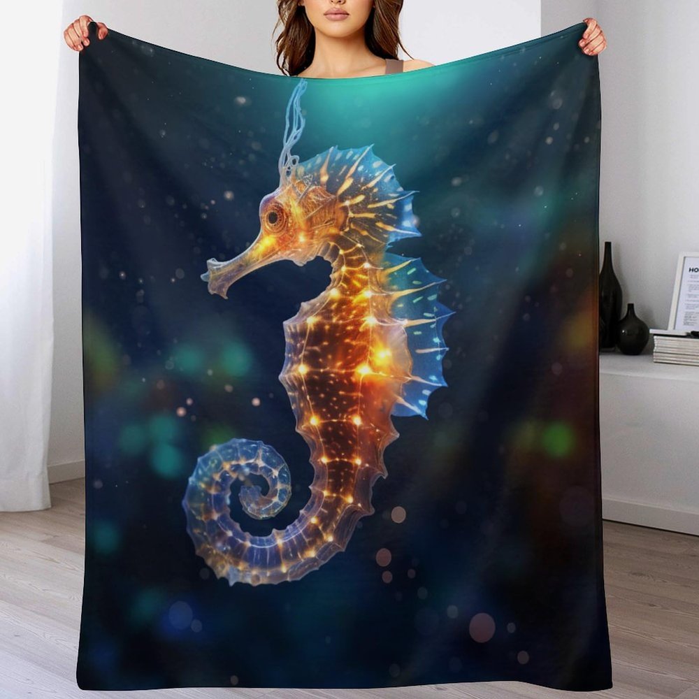 GGJJTT Animal Seahorse Flannel Throw Blanket, Digital Print, Soft Sofa Blanket for Children, Boys, and Adults, 150 x 200 cm