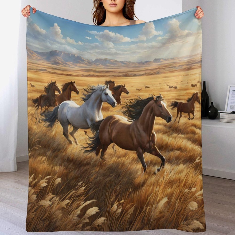 Horse Plush Flannel Fleece Throw Blanket, Soft Warm Sofa Blanket, Easy-Care, 140 x 180 cm
