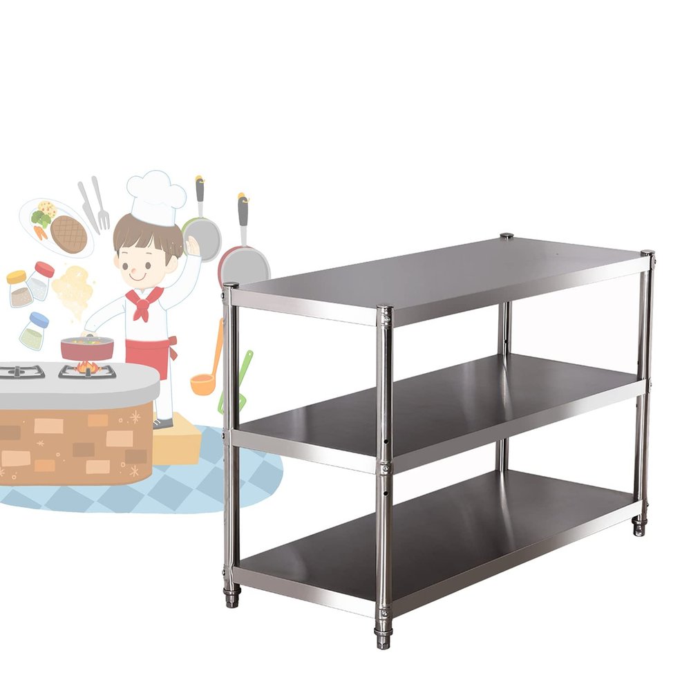 Heavy-Duty 3-Tier Stainless Steel Shelving Unit with Work Table, 100 x 35 x 80 cm