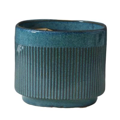 GLigeT Oval Ceramic Flower Pot, Blue-Green Striped, Large