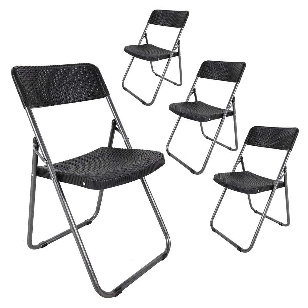 Spetebo Folding Garden Chairs, Black Rattan Design, Set of 4