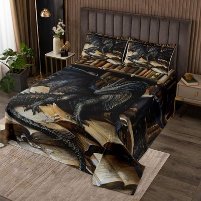 Loussiesd Dragon Bedspread 220 x 240 cm, Quilted Throw for Children, Girls and Boys, Black/Brown