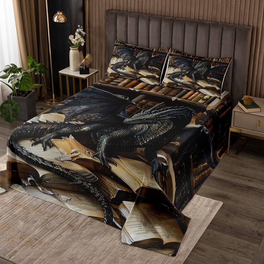Loussiesd Dragon Bedspread 220 x 240 cm, Quilted Throw for Children, Girls and Boys, Black/Brown