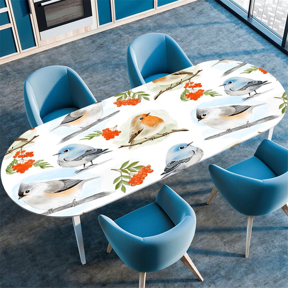 Odot Washable Elastic Oval Tablecloth, 3D Spring Flowers (Birds), 132 x 229 cm
