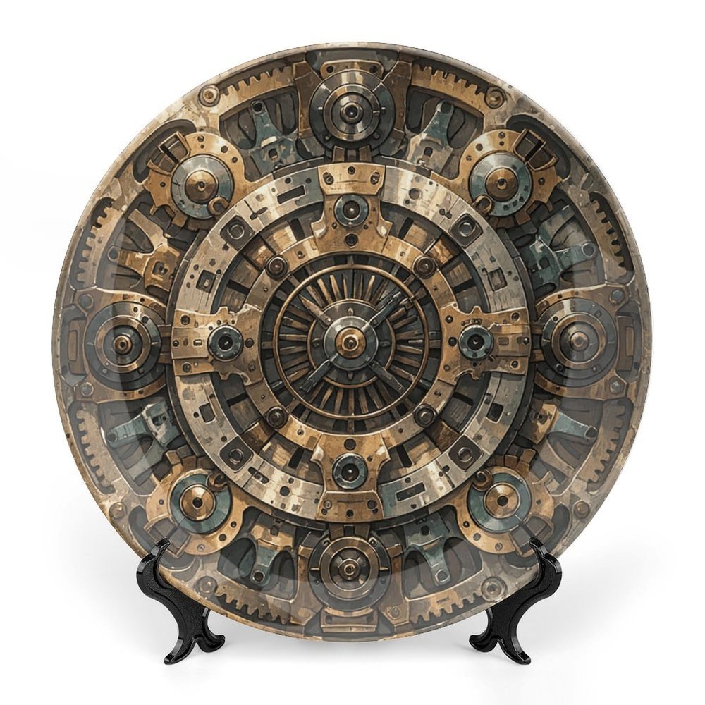Decorative Bone China Plate with Steampunk Gears, 15.2 cm