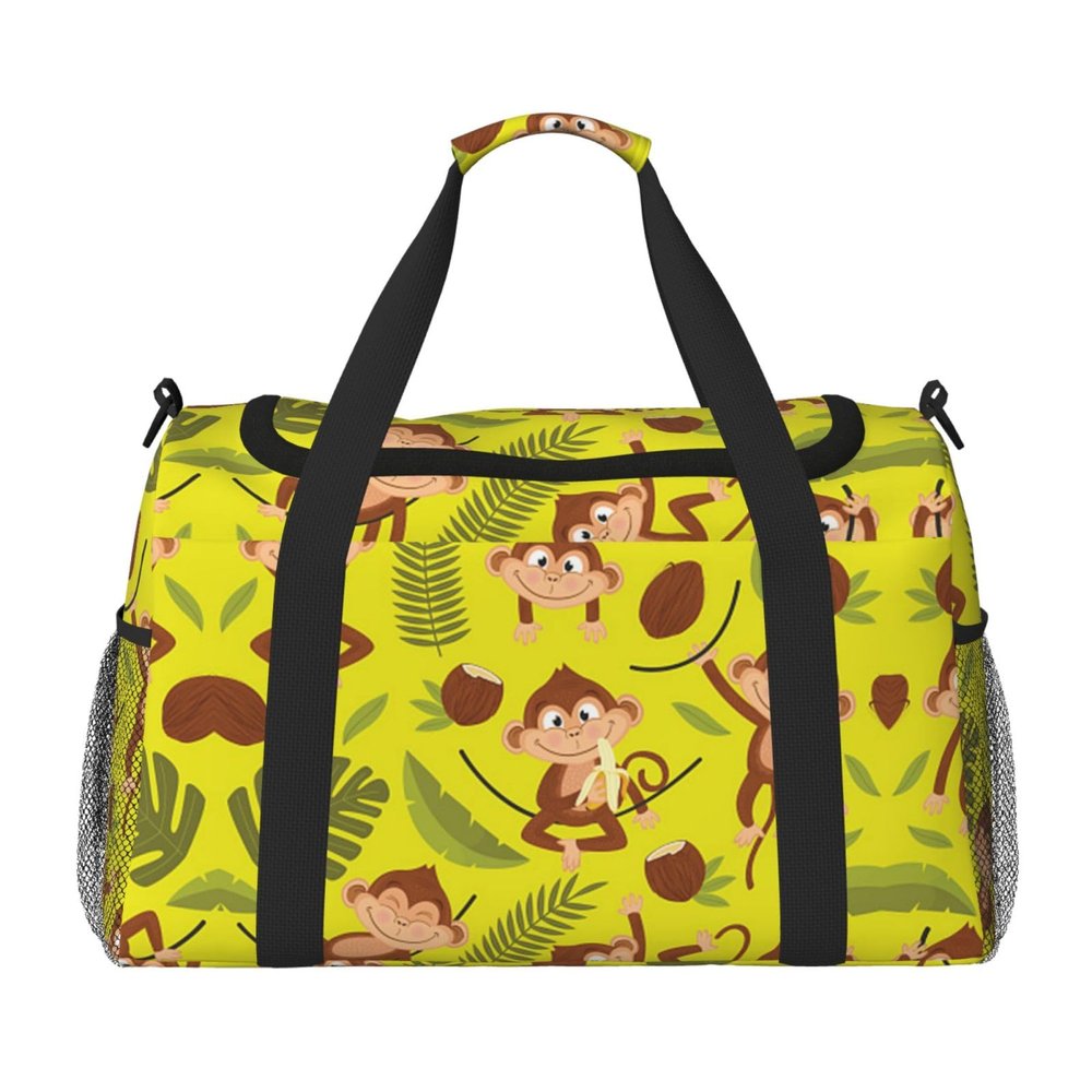 Women's Sports Duffel Bag with Cute Monkey and Banana Print, Black, One Size